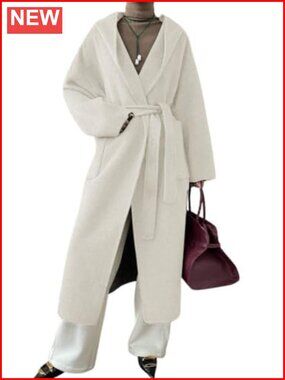 Winter Wool Blend Pea Coat Mid Long Hooded Belted Loose Fit